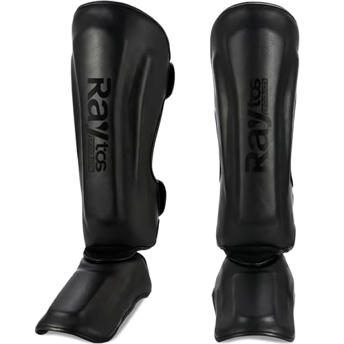 Raytos Muay Thai Shin Guards - MMA Kickboxing Leg Instep Protective Pads, Martial Art Sparring Gear for BJJ Karate Boxing Taekwondo Training, Men Adults Kids Children (Black, S)