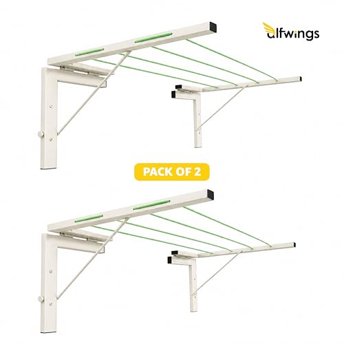 Image of Foldable Wall Mount Cloth Drying Stand | Heavy Load Capacity: Up to150 Kg | Dress Drying Hanger and Rope Metal Pipe | for Indoor, Outdoor and Balcony | (White, Pack of 2)