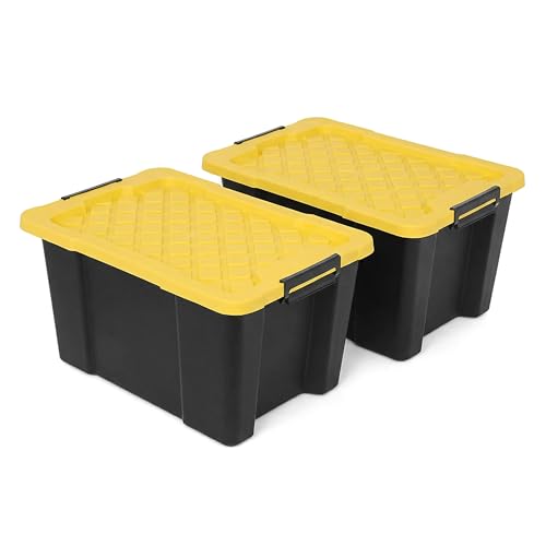 NOVECRAFTO 60L Medium Storage Box with Lid, 2 Pack – Heavy-Duty Storage Box with Carry Handles, Durable Plastic, Clip Locks, Stackable – Garage, Shed & Outdoor Use (Black)