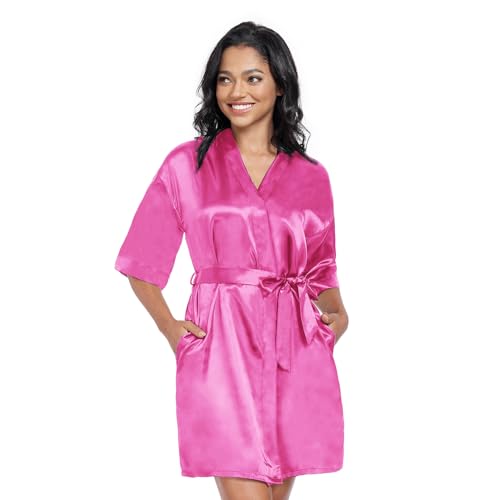 Image of Women's Short Satin Robes Lightweight Silky V-Neck Sleepwear Wedding Bridal Party Bride Bridesmaid Bathrobes