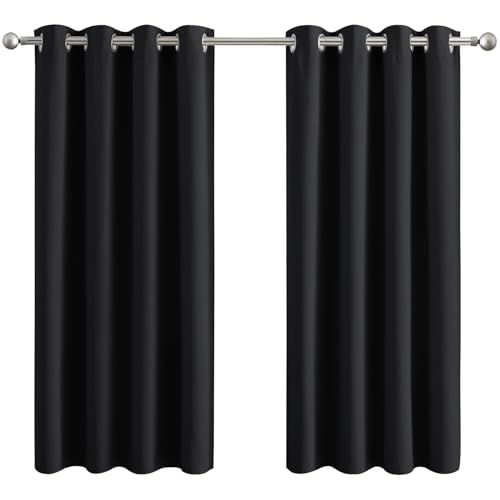 Aspire Homeware Blackout Curtains for Bedroom - Black Eyelet Living Room Curtains 66x54 inch Drop - Thermal Insulated Window Treatments & Energy Saving Privacy Kitchen Curtain + 2 Matching Tiebacks