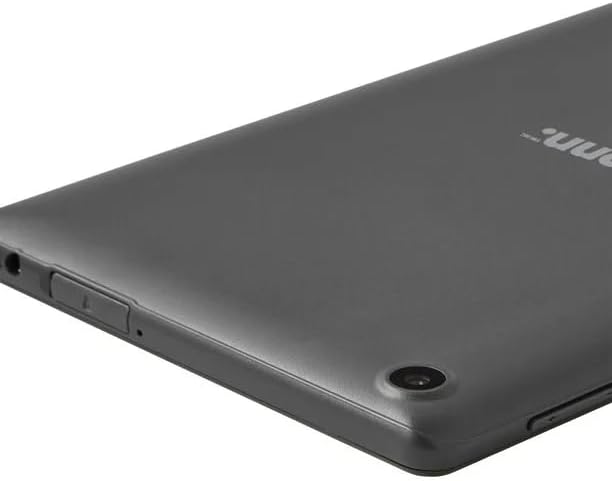 Close-up of the tablet's back, showing the rear camera and side buttons (power and volume).