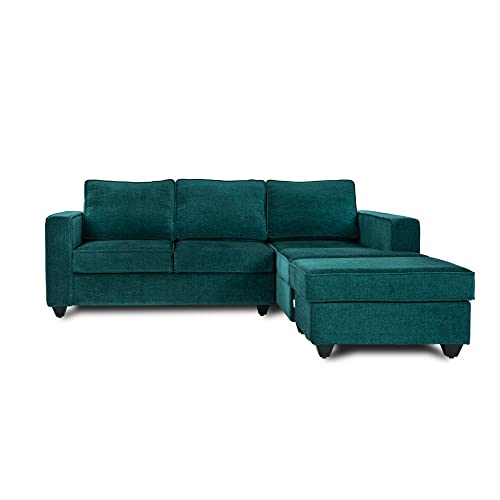Image of Wakefit Sofa Set for Living Room | 3 Year Warranty | L Shape Sofa, Sofa Set, Wooden Sofa Set for Living Room, 2 Seater Sofa + Right Aligned Chaise + Ottoman - Napper (Fabric, Malibu Green)