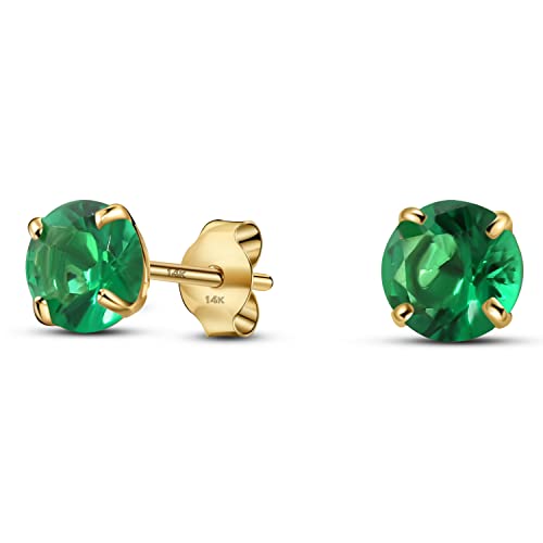 Solid 14K Yellow Gold Round Solitaire Simulated-Birthstone Minimalist Stud Earring (3Mm, 05-May) #TOP10
