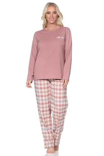 Normann Damen Schlafanzug lang Pyjama mit Flanell Pyjamahose in Karo Optik, Farbe:Altrose, Größe:48-50