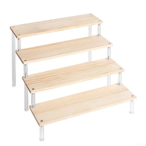 TDCuizent Estante de exhibición de escalera de madera y acrílico de 1 a 5 niveles, soporte organizador multicapa para figuras, cosméticos, postres, coleccionables, almacenamiento de encimera, fácil