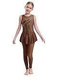 TTAO Maillot de gimnasia para niños y niñas, para todo el cuerpo, con diamantes de imitación, de malla, patchwork, ropa deportiva para entrenamiento, fitness, gimnasia, marrón, 110-116