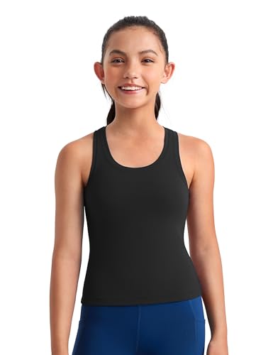 CRZ YOGA - CRZ YOGA Girls Butterluxe Crew Neck Tank Tops Waist Length - Dance Yoga Athletic Casual Racerback Tight Kids Teen Black Medium