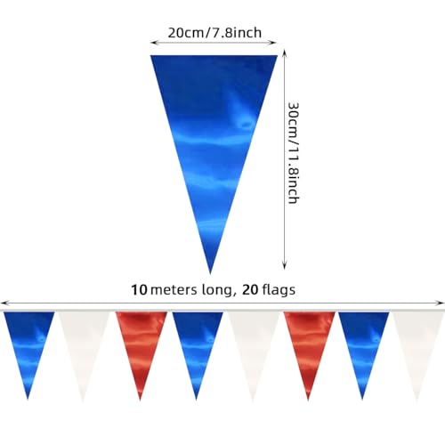 Image of 40M /130FT White Blue Red Triangle Pennant Banner Flag Metallic Fabric Bunting Garland for Christmas Graduation, Independence Day, 4th of july, Patriotic Themed Party Decoration