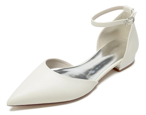 Hanfike Girls Womens Pointed Toe Satin Wedding Flats for Bride Ankle Strap Evening Shoes JY318