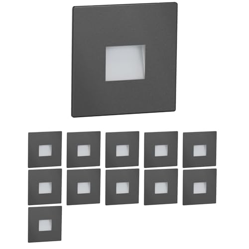 ledscom.de 12 LED luz de escalera/luz empotrada de pared FOW para interior y exterior, downlight, angular, antracita, 85 x 85mm, blanco cálido
