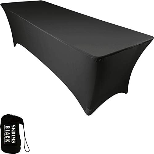 Pro DJ Event Table Scrim with Cable Pass-Through Inserts - SKRIMS Rectangular Four-Way Stretch Spandex Table Cover - 4 ft. Elastic Tablecloth - Black