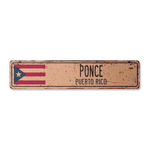 Ponce Puerto RICO Vintage Aluminum Street Sign Puerto Rican American Flag City Country Rustic Metal tin Wall Gift | Indoor/Outdoor | 18" Wide