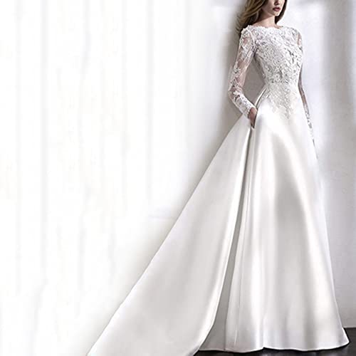 RyanBm Brautkleid Standesamt Weiß Langarm Lang Große Größen Elegant Satin Spitze A Linie Brautkleider mit Schleppe White 38 Cover