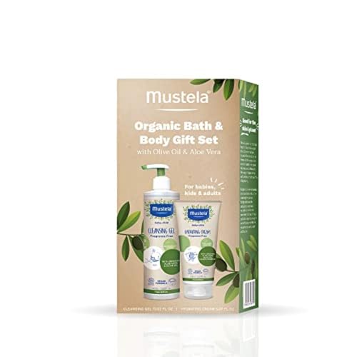 Image of Mustela Certified Organic Bath & Body Gift Set - Fragrance-Free Skin Care Essentials with Olive Oil & Aloe Vera - Contains Cleansing Gel & Hydrating Cream for Baby, Kid & Adult - 2 Items Set