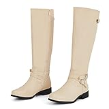 Ermonn Womens Knee High Boots Wide Calf Flat Low Heel Side Zipper Faux Leather Fashion Winter Riding Boot