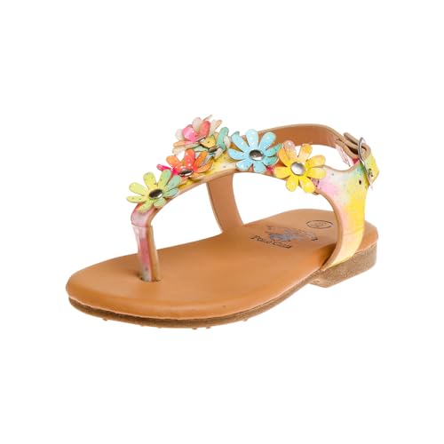 Beverly Hills Polo Club Girl's Leatherette T-Strap Slingback with Flowers Appliques Flat Sandal (Toddler)