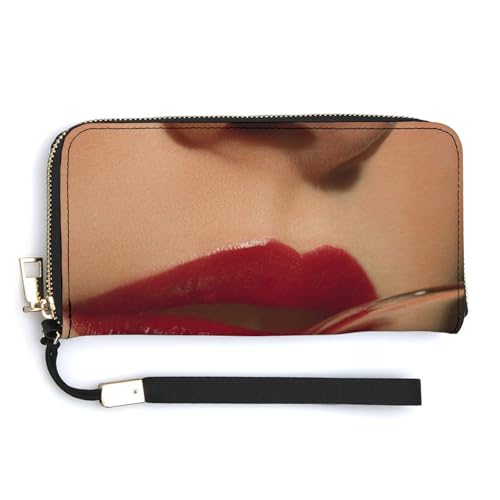 Woman Red Lips Drinking Wine PU Leather Clutch Long Bifold Wallet, Coin Purse Credit Pass Case, Durable Card-Holder Money Storage for Women Men