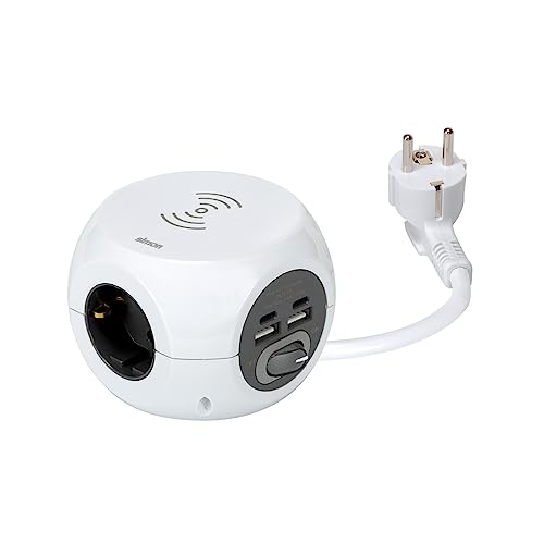 Simon COMBIBALL - Base de Enchufe Múltiple, Regleta de Enchufes con USB, 8 Tomas de Carga, Ladrón de Enchufes con Interruptor, Carga Inalámbrica Smartphones, Color Blanco