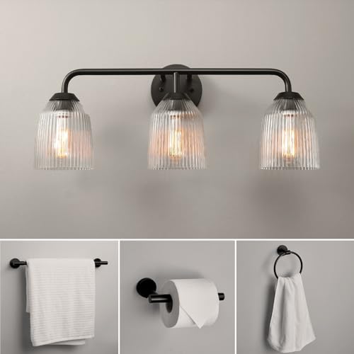 Image of Globe Electric 4-Piece All-in-One Bathroom Set, Matte Black, 3-Light Vanity Light with Ribbed Glass Shades, Towel Bar, Toilet Paper Holder, Towel Ring