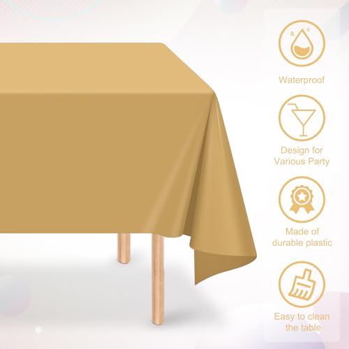 Image of 16 Pack Gold Plastic Tablecloth for Rectangle Tables, Premium Decorative Gold Disposable Table Cloths for Parties, Bulk Rectangle Party Table Cover for Birthday, Wedding, Anniversary, 54 x 108 Inch
