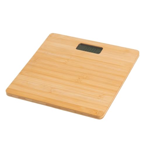 CASASELECCION Báscula de Baño de Bambú con Pantalla LCD y Medidas 28x28 cm. Soporta hasta 180 Kg con Desviación de 100g. Muestra Batería y Temperatura. Funciona con Pilas AAA.