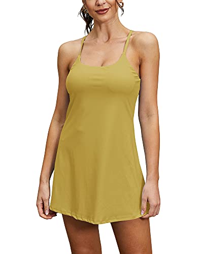 Aurgelmir Women's Tennis Dress Exercise Workout Criss Cross Back Dresses with Shorts Pockets for Golf Running Yellow