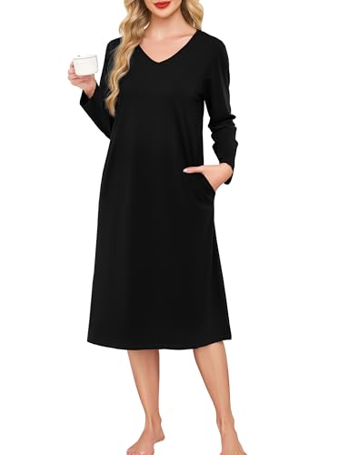 Wikoan Chemise de Nuit Femme en Coton, Robe de Chambre à Manches Longues Col V Chemises de Nuit Hiver pour Femme Longue avec Poches Noir L