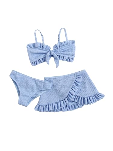 Image of MakeMeChic Girl's 3 Piece Swimsuit Textured Knot Front Frill Trim Bikini Sets with Ruffle Wrap Cover Up Skirt Blue 1T