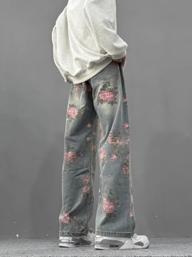 Baggy Jeans for Men Women Y2K Vintage Floral Straight-Leg Casual Fashion Denim Pants Hip-hop Harajuku Streetwear4