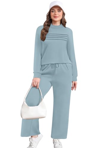 Image of WIHOLL Two Piece Sets for Women Fall Travel Vacation Outfits 2026 Long Sleeve Lounge Sets Side Slit Wide Leg Pants XS-3XL