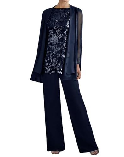 Image of 3 Pieces Mother of The Bride Dresses Pant Suits - Lace Chiffon Long Sleeve Grandmother Dresses with Jacket