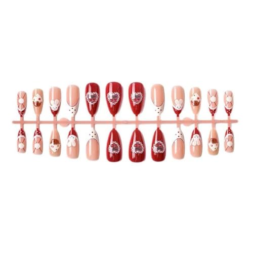 Image of Red Press on Nails Rabbit Fake Nails Cake False Nail with Design Cherry Glue on Nails Reusable Artificial Acrylic Glossy Full Cover French Tip Sick on Nail for Women Manicure 24Pcs