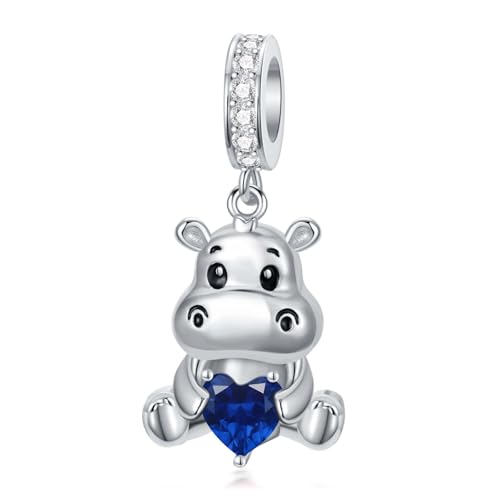 PROESS 925 Sterling Silver Hippo Charm 12 Months Birthstone Hippopotamus Charm for Hippo Bracelets Hippo Bead Hippo Jewelry for Women Hippo Lovers