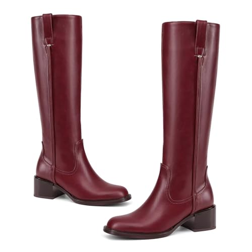 Image of Women's Knee High Boots Chunky Low Block Heel Round Toe Faux Leather Rinding Boots with Side Zip Fashion Tall Boots for Women