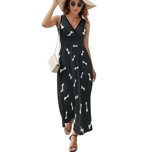 Robe longue d'été imprimé os de chien, une robe maxi sans manches décontractée pour la plage