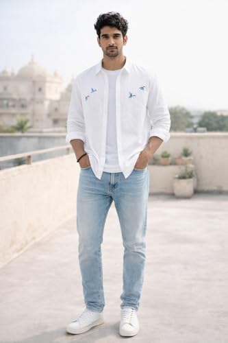 Image of Men's Cotton Blend Casual Wear with Bird Embroidery | Regular Fit Full Sleeve Button Down | Lightweight Summer Style for Daily, Office & Party