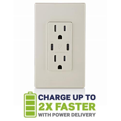 Leviton 30W (6A) USB Dual Type-C/C Power Delivery In-Wall Charger with 15A Tamper-Resistant Outlet, USB Charger for Smartphones, Tablets, Laptops, T5635-T, Light Almond by Leviton - Image 3