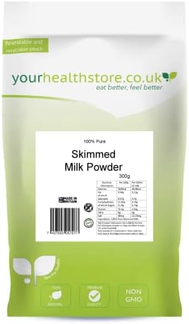 yourhealthstore 100% Pure Skimmed Milk Powder 300g, Made in Britain with British Milk, Low in Fat, No Additives, No Soy Lecithin, No Bovaer, Vegetarian, (Recyclable Pouch)
