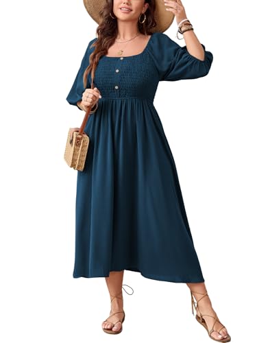 Women's Plus Size Casual Dresses Square Neck Button Up Smocked 3/4 Puff Sleeve Empire Wasit A-line Flowy Midi Dress