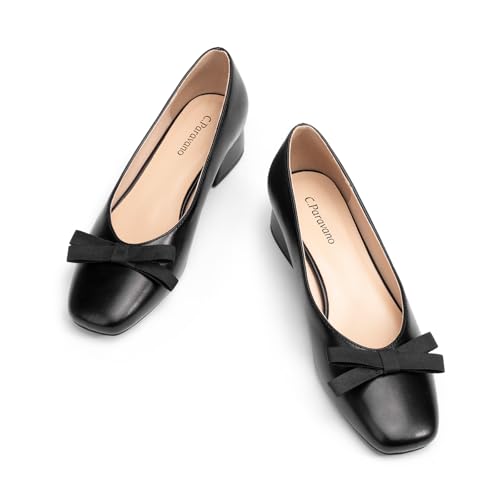 Image of C.Paravano Women's Pumps | Luxury Leather Pumps | 1.5 Inch Chunky Block Heel & Square Toe | Fabric Bow