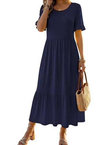 Zeagoo Flowy Dresses for Women Causal Summer Dresses Tiered Midi Dress 2026 Womens Modest Cotton Dresses with Pockets, Solid Navy,M