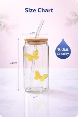 Image of Cute Bow Butterfly Glass Tumbler with Straw | 400ml Water Sipper | Reusable & Stylish Mug for Juice, Coffee, Milk, Travel & Office (Yellow)