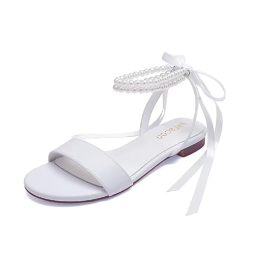 Image of Wedding Shoes for Bride Flat Sandals Open Toe Pearl Bridal Shoes Flat Wedding Sandals