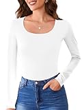 Elesomo Women's Long Sleeve Cotton Tee Shirt Slim Fitted Scoop Neck Tops, White L