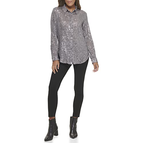 Calvin Klein Women's Sparkly Tunic Long Sleeve Sequin Mesh Oversize Blouse, Metallic Granite, X-Small #TOP6