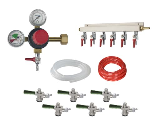 FSE 373-KR-BEERKIT6 Draft Beer Kit, 6-Faucet CO2 Beer Kit for Direct Draw Cooler, Primary CO2 Regulator, Includes 6-Way Manifold, Red Vinyl Air Line, Accuflex Tubing, and (6) Sankey D Keg Taps