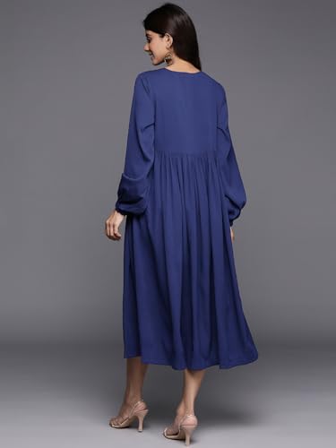 Image of Varanga Women Blue V-Neck, Bishop Sleeves, Gathered Details Calf Length A-Line Dress, Flared Hem