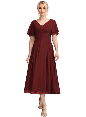Generico Tea Length Madre de la Novia Vestidos de Gasa Plisado Vestidos de Noche Formales una Línea de Vestido de Novia de Invitado, Burgundy, 50/grande