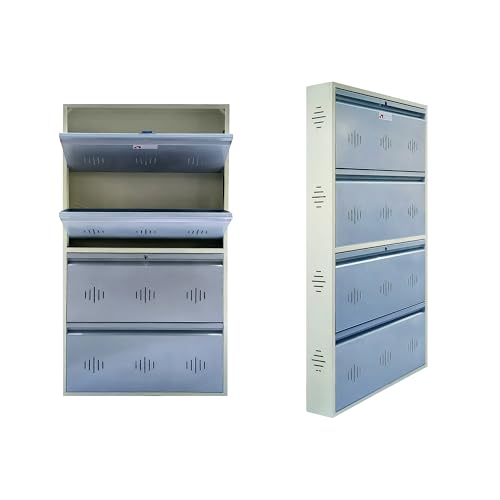 Image of StayHappy Wide Wall-Mounted and Freestanding Metal Shoe Rack Cabinet | Key Lock | Compact Design | Thick Metal Layer for Durability | Powder-Coated Steel | Crafted in Bharat. (Silver, 4 Door)